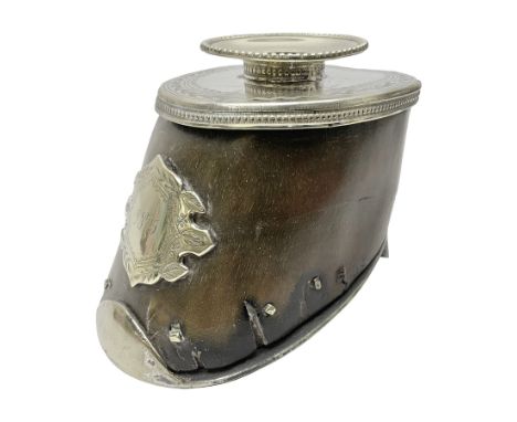 Victorian horse hoof candlestick, with silver plated mounts and cartouche to front engraved 1875, H10.5cm