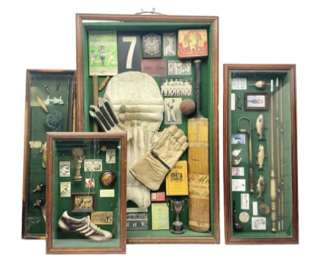 Four framed sporting memorabilia displays, the largest example containing 1930s cricket memorabilia, together with two fishin