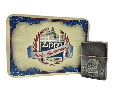 Zippo 60th anniversary lighter, dated 1932-1992, in commemorative tin