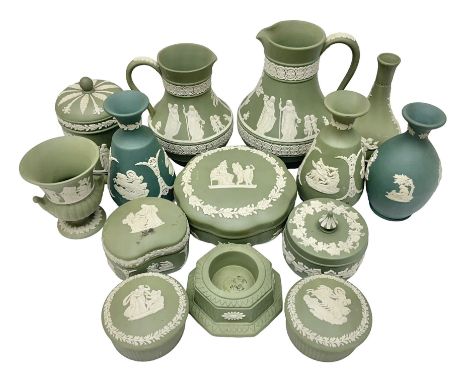 Collection of  Wedgwood green Jasperware, to include large jug, vases, trinket dishes, etc together with two teal Jasperware 