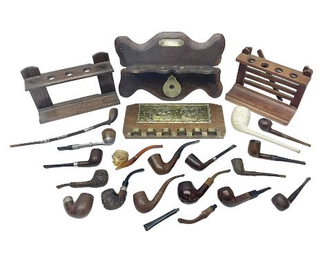 Collection of smoking pipes including Meerschaum pipe, carved as a female head, Briars and clay examples, etc and four pipe r