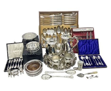 Silver plated four piece tea service, comprising teapot, coffee pot, milk jug and open sucrier, together with a silver plated