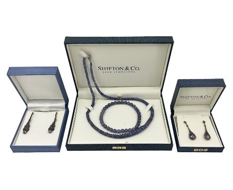 Tanzanite bead necklace with silver clasp and matching bead bracelet, together with two pairs of silver marcasite and amethys