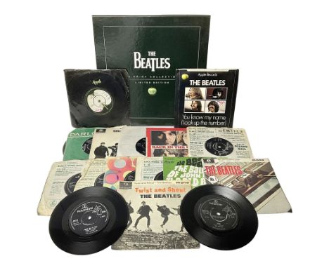 Beatles limited edition 24 print collection in box together with beatles records and other memorabilia 