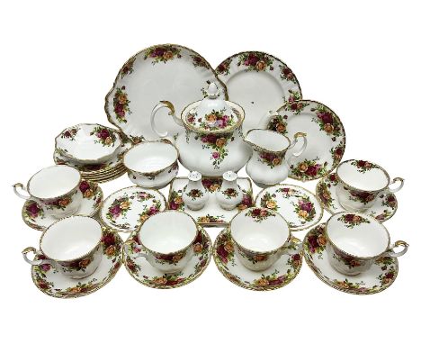 Royal Albert Old Country Roses, tea service for six, comprising teapot, milk jug, open sucrier, teacups and saucers, cake pla