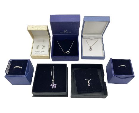 Silver stone set jewellery including amethyst flower necklace and cubic zirconia stud earrings, together with two Swarovski c