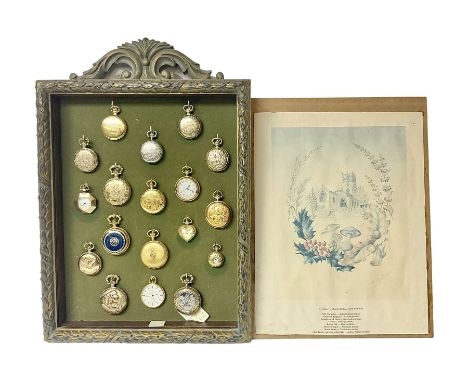 Collection of gilt metal pocket watches, with enamel and relief decorated examples, housed in a display case