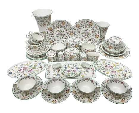 Minton Haddon Hall part tea service, including teapot, covered sucrier, milk jug, six teacups and saucers of various sizes, c