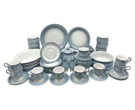 Denby Castile part tea and dinner service, including teapot, eight dinner plates, nine cups and saucers, nine side plates etc