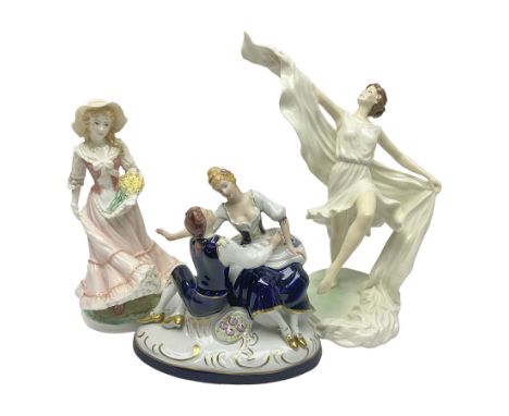 Two Royal Worcester figures, comprising Spirit of the Millennium and Spring, together with Royal Dux figure of two lovers