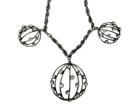 Joseff of Hollywood, circa 1950s metal and white paste necklace, with three graduated pendant drops set with white paste, to 