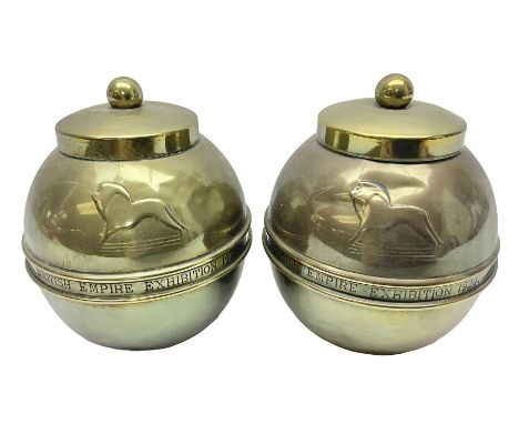 Pair of brass 1924 commemorative tea caddies, of ovoid form the waist embossed with 'British Empire Exhibition 1924' 'Lipton'