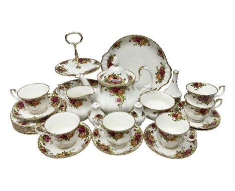 Royal Albert Old Country Roses pattern tea service for six, comprising teapot, sucrier, milk jug, dessert plates, one cake pl