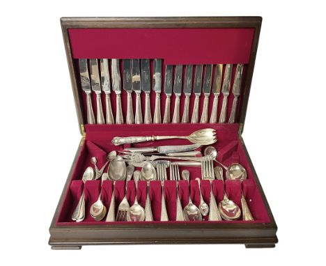 Canteen of silver plated cutlery for six plate settings by Dixons, within fitted wooden case, together with a meat fork with 