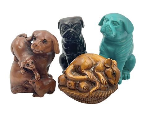Four carved wood and composite netsuke, modelled as mouse on a basket of mushrooms, signed, dog with puppies, signed, seated 
