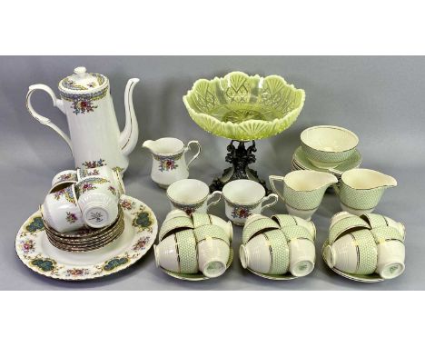 MIXED VINTAGE TEA &amp; COFFEE WARE and an opaline glass fruit bowl on white metal dolphin stand to include Royal Stafford Re