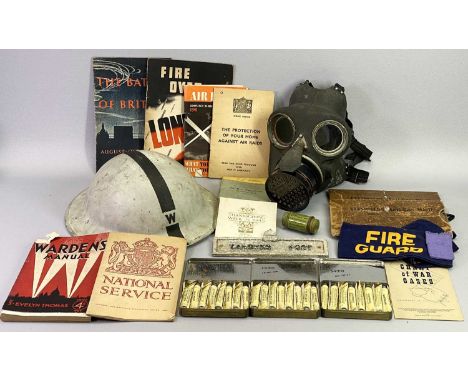 WORLD WAR 2 AIR RAID WARDEN'S KIT COLLECTION - to include helmet, gas mask, warden's post sign, three unused tins of anti-gas