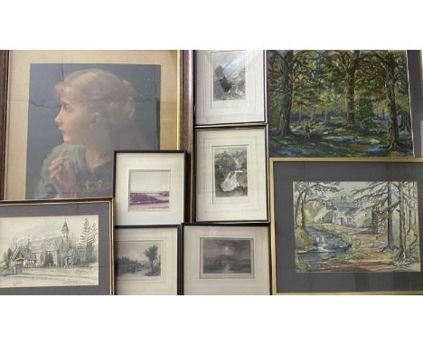PAINTINGS &amp; PRINTS ASSORTMENT - to include C H OWENS watercolour - a woodland and riverside dwelling, an INDISTINCTLY SIG