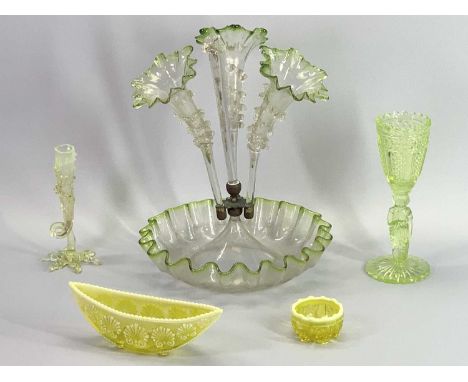 VICTORIAN GLASSWARE, 5 ITEMS - to include a figural uranium glass vase, 21.5cms H, three flute epergne stand, 32.5cms H, two 