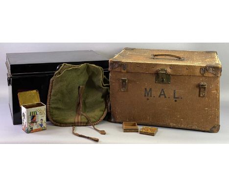 LARGE METAL DEED BOX, locking with key and a canvas type trunk initialled 'M A L', ETC, 31cms H, 53cms W, 36.5cms D and 33.5c