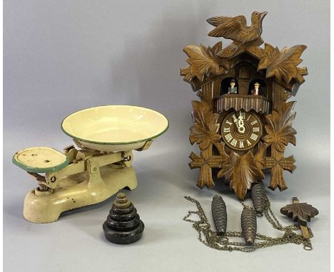 GERMAN MADE MODERN CUCKOO CLOCK with triple weight movement and a vintage set of kitchen scales and weights