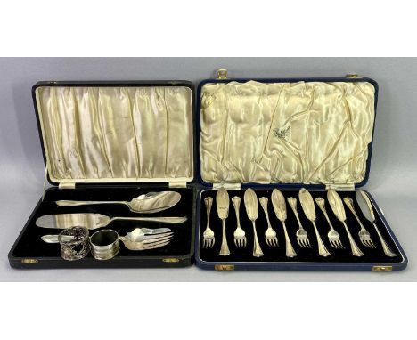 BIRMINGHAM SILVER NAPKIN RINGS (2) and two cased sets of EPNS cutlery, the first napkin ring Art Nouveau in design, dated 190