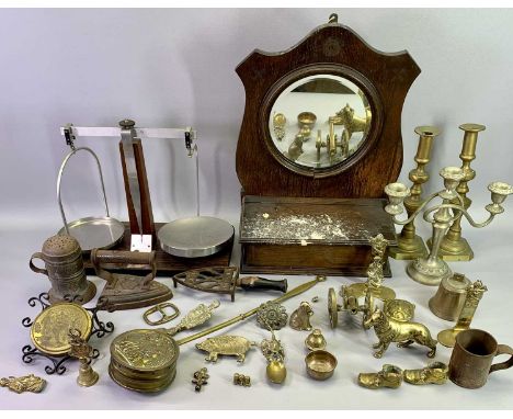 VICTORIAN &amp; LATER BRASS, OTHER METALWARE, beam scales and an oak framed hall mirror with lower glove box
