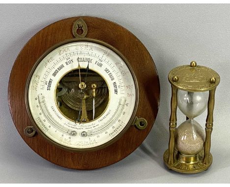 J ULLMANN &amp; CIE PARIS-CHINA ANEROID BAROMETER and a modern brass sand clock, the barometer brass cased on a circular maho
