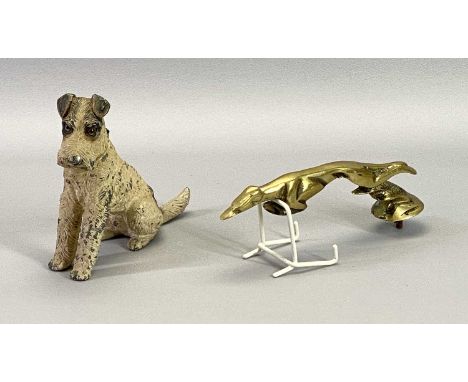 BRASS GREYHOUND CAR MASCOT and a painted spelter table lighter in the form of a terrier, 19cms L and 15cms H x 18cms L, measu