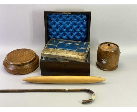 VICTORIAN WALNUT SEWING/JEWELLERY BOX, vintage walking stick with silver mounts and three other treen items to include an oak