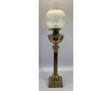 BRASS CORINTHIAN COLUMN VINTAGE OIL LAMP - with brass font and Hinks No 2 wick adjuster, later globular shade and funnel, 91c