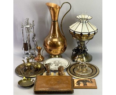 MIXED COLLECTABLES GROUP - to include a modern Tiffany style lamp, copper jugs, chrome thistle topped fireside companion set,