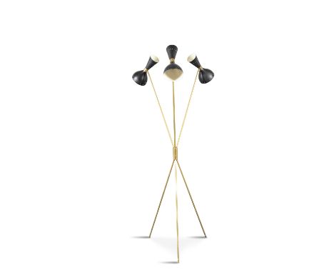 A THREE HEADED BRASS FLOOR LAMP, with black enamelled shades. 175cm (h)