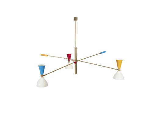 A THREE HEAD BRASS AND ENAMEL CEILING LIGHT, Italy, in red, yellow and blue. 88cm x 130 x 130cm
