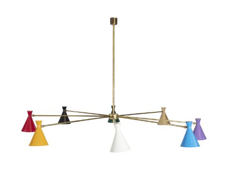 A LARGE EIGHT HEAD MULTICOLOURED ENAMEL AND BRASS CEILING LIGHT, Italy 83cm (h)