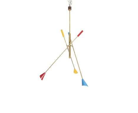 A THREE HEAD BRASS AND ENAMEL CEILING LIGHT, Italy. 130cm (h)