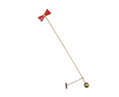 A DIABOLO BRASS FLOOR LAMP,  with red enamel shade. 178cm (h)