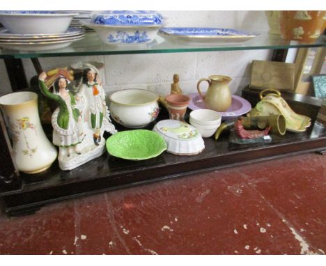 Shelf of china to include Staffordshire, Wedgwood, Royal Doulton mechanical windmill etc