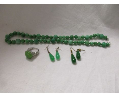 Jade necklace, earrings, ring and bangle