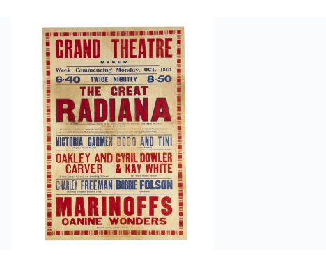 The Great Radiana Magic Poster 1926 Variety bill at the Grand Theatre, Byker, Newcastle, Oct 1926, headlined by The Great Rad