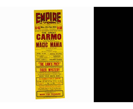 The Great Carmo Magic Poster 1933 The Australian-Scot Carmo (Harry Cameron 1881-1944) was better-known for his own touring ci
