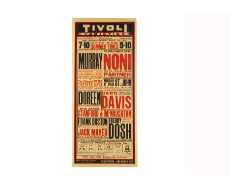 Murray Magic Poster 1938 At the Tivoli Theatre Of Varieties, Aberdeen, Aug 1938, the Australian escapologist Murray headlinin