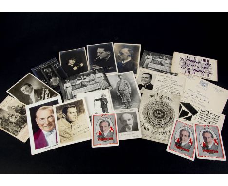 Postcards and personalised cards playing and others, including names such as Thurston, Cardini (The Suave Deceiver), a trick 