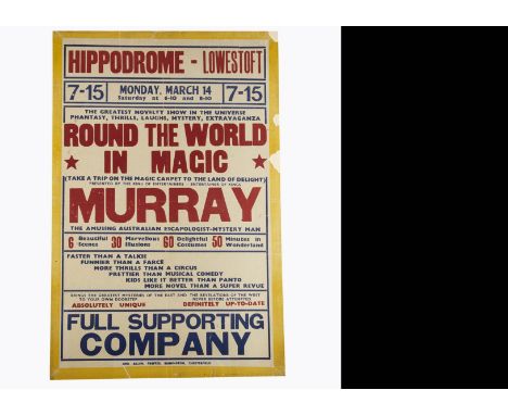 Murray Magic Poster c' 1948 At the Hippodrome Lowestoft "Round The World In Magic" with the "King Of Entertainers" Murray, th