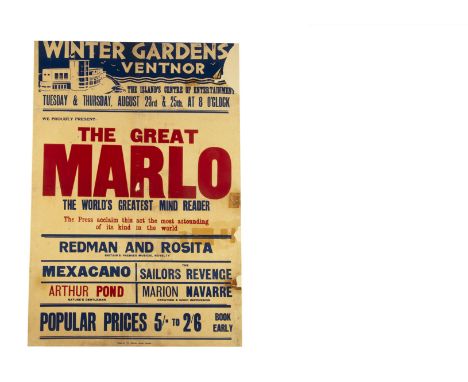 The Great Marlo Magic Poster c' 1949 Variety bill at the Winter Gardens Ventnor, Isle of Wight, headlined by "The World's Gre