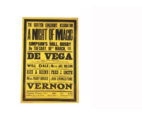 Scottish Magic Poster 1925 "A Night Of Magic" at Simpson's Hall, Busby, March 1925, featuring the "mysterious" De Vega, Verno