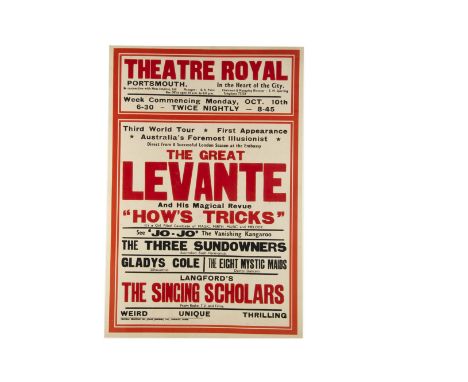 The Great Levante Magic Poster 1955 At The Theatre Royal Portsmouth Oct 1955 , this being part of the third world tour of "Au