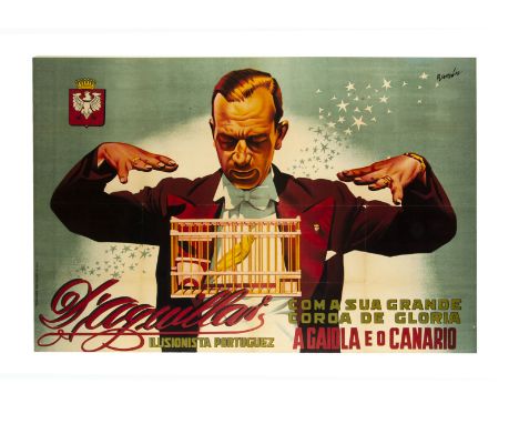 Portuguese Magic Poster c' 1950's A beautiful poster illustration showing an illusionist at work with a bird in a cage. Poste