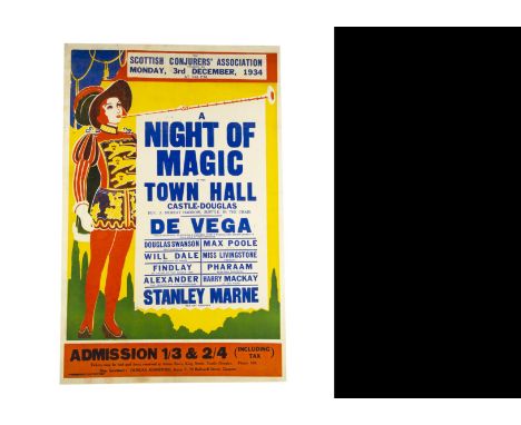 De Vega Scottish Magic Poster 1934 Billed as a "Night Of Magic" at the Town Hall Castle-Douglas, Scotland, Dec 1934, starring