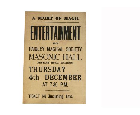 Scottish Magic Poster c' 1920's-30's "A Night Of Magic" by the Paisley Magical Society. Poster conservation paper-backed with